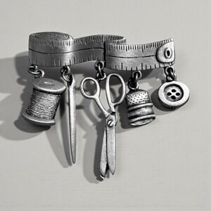 JJ Sewing Quilting Pin Brooch Signed Scissors Thimble Button Needle Thread Charm